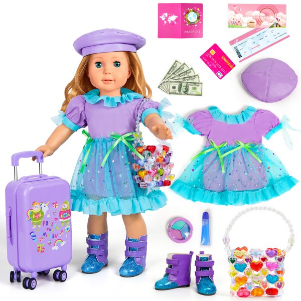18-inch Doll Clothes & Accessories - Travel Suitcase, Clothes & Shoes, Handbag, Berets, Passport, Notebook, Travel Gear Play Set