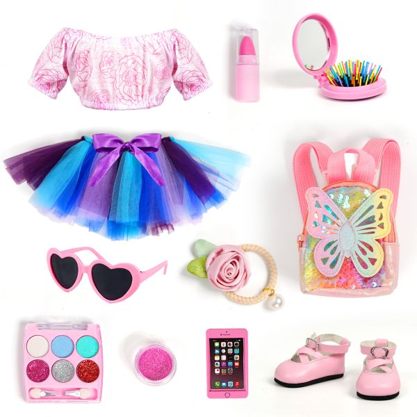 11 Pieces of US 45.72cm Doll Clothes and Accessories Makeup Set Including 45.72cm Doll Clothes Shoes Backpack Comb Hair Band Lipstick Sunglasses Mobile Phone Fit Doll (Doll Not Included) - Image 2